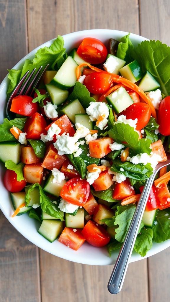 A fresh garden salad with greens, tomatoes, cucumbers, feta cheese, and a fork on a wooden table.